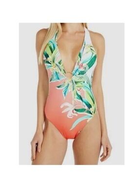 Trina Turk Tropical Ring-Front One-Piece in Orange, White & Green